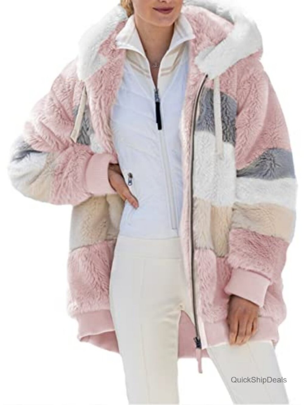 Womens Fuzzy Fleece Jacket Hooded Color Block Patchwork Cardigan Coat with